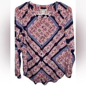 Lucky Brand Women's Top Paisley Pink Long Sleeve Button-Front Blouse EUC Size M